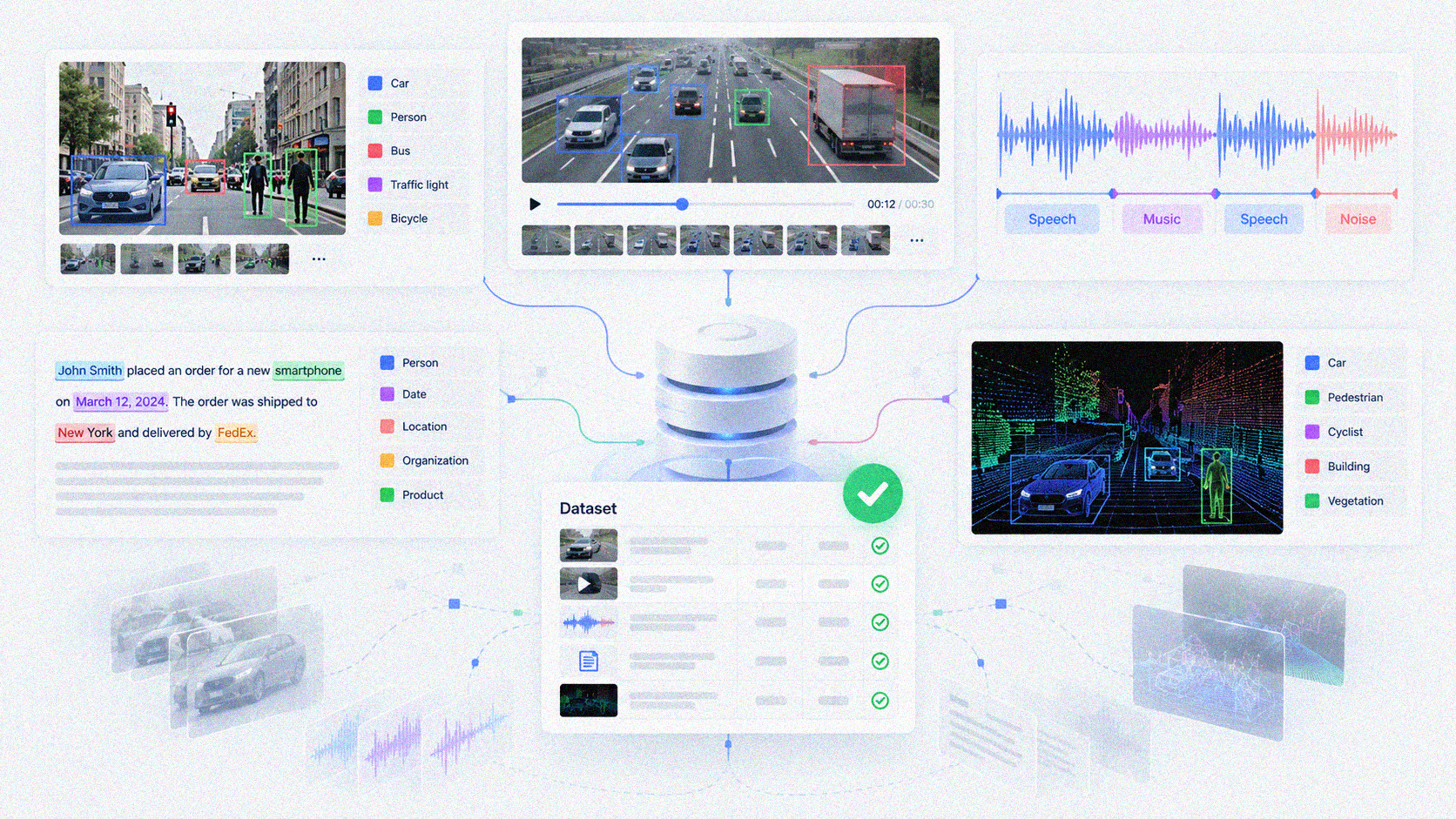 Dataset preparation: images, video, audio and text